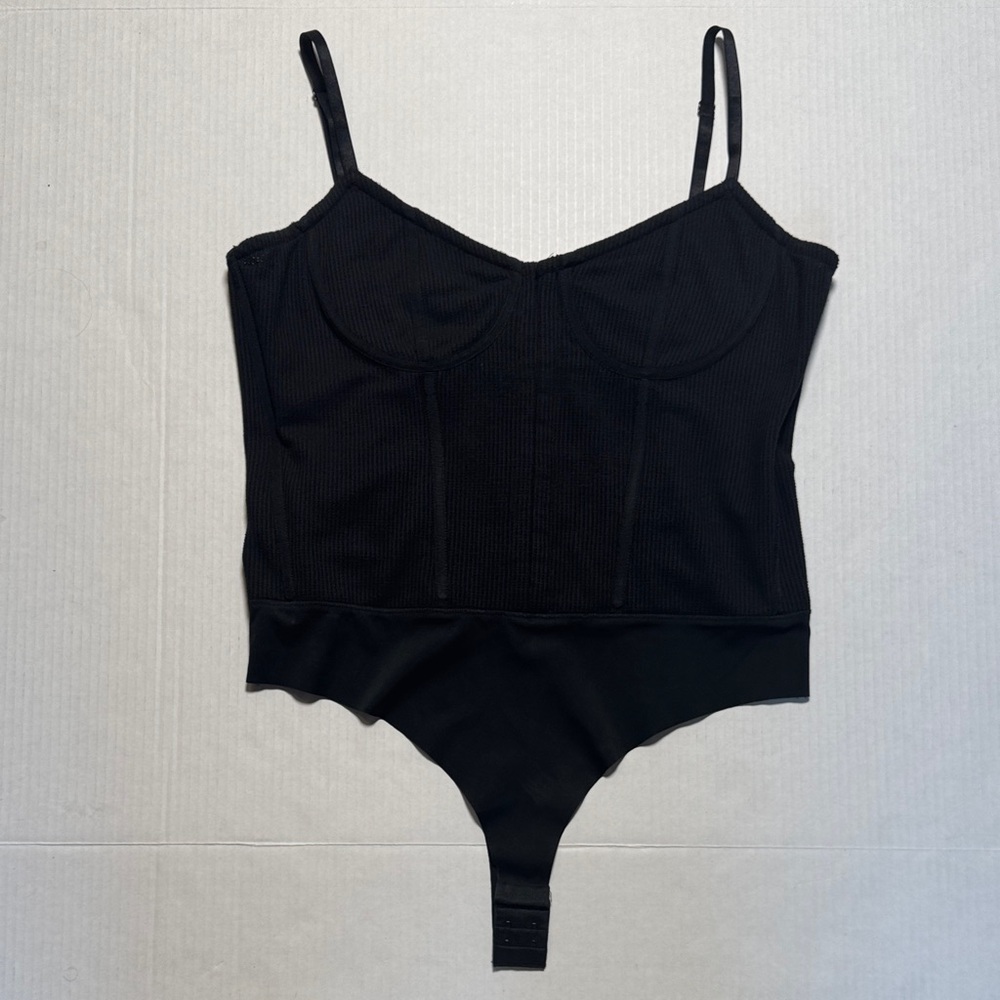 JONATHAN SIMKHAI Black Bustier Corset-Style Bodysuit Waffle Thermal Knit‎ Size L